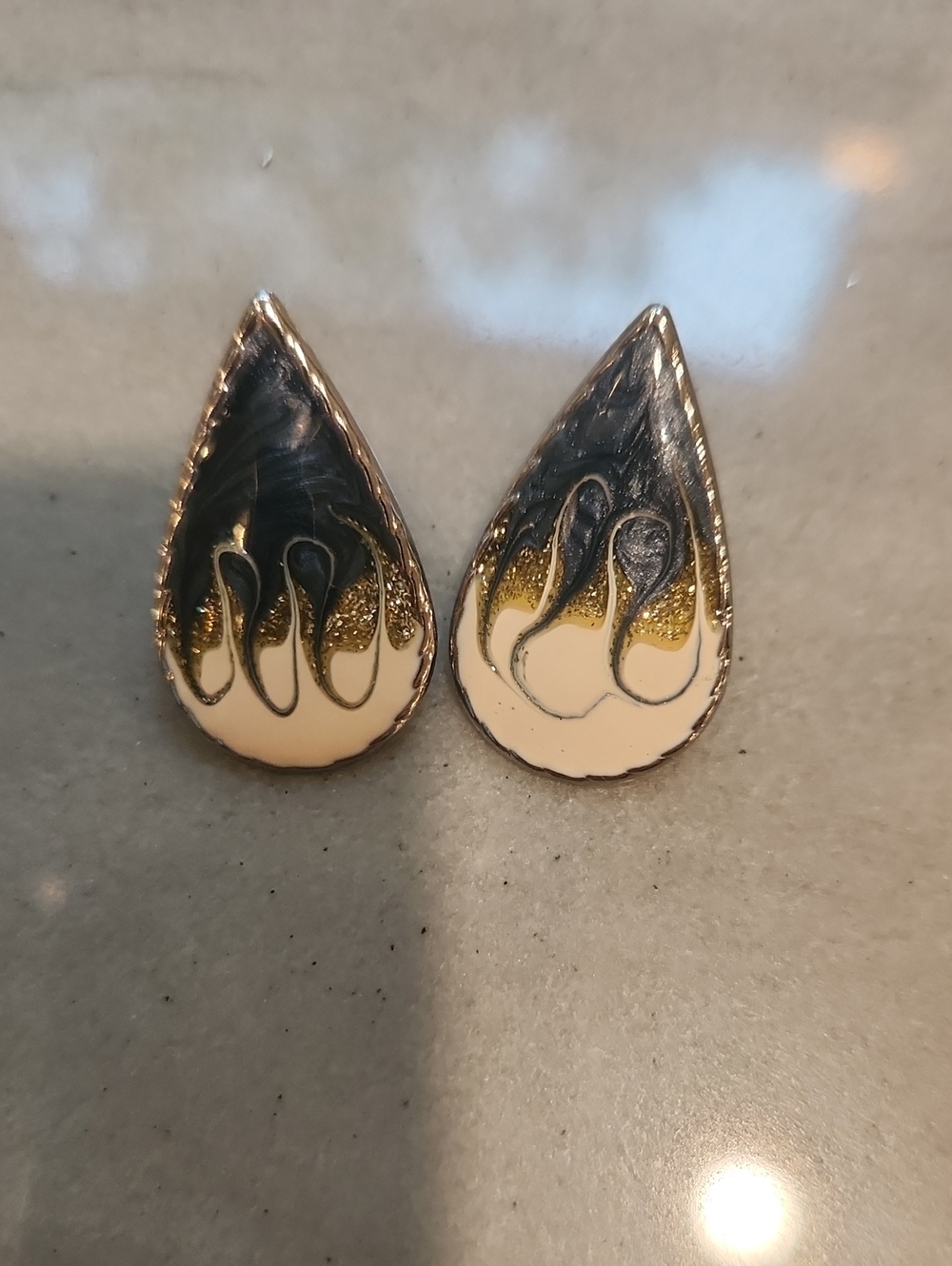 Teardrop Two-Tone Enamel Stud Earrings - Black, Gold, Cream